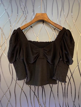 

2020 Spring and Summer New Women's Square Collar Chest Wrinkle Stitching Short Sleeve Solid Color All-match Top 705