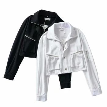 

Spring Women's Vintage Zipper Denim Jacket Pocket High Waist Short Coat Solid White Short Jeans Jacket Women Female Student