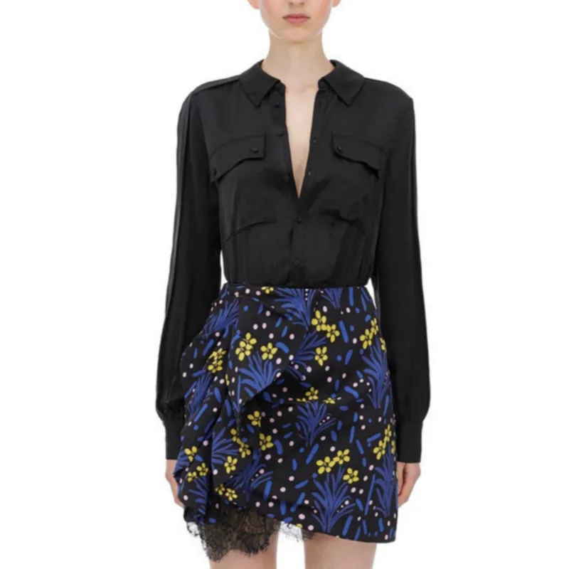 

New Self Portrait Women Two Piece Outfits Double Pockets Blouses Ruffles Lace Patchwork Skirts Set Designer Female Party Suits