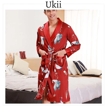 

Ukii Silk Robe Men Summer Animal Thin Comfortable Long Sleeve Loose Sleepwear With Pocket Silk Turn-down Collar Bath Robe Men