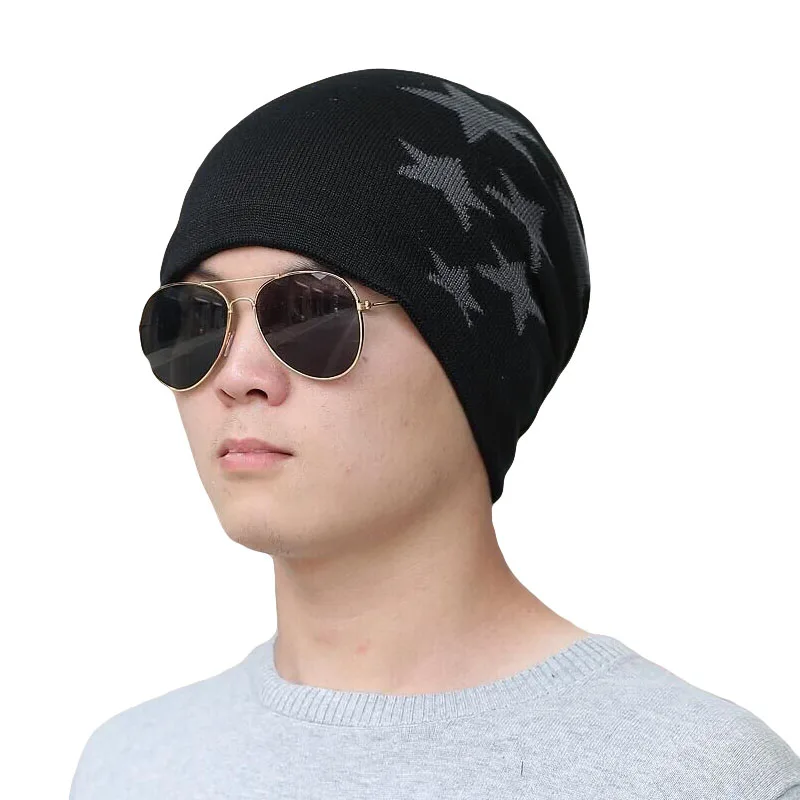 SUOGRY Winter New Knitted Men's Hats Plus Velvet Thickening Outdoor Warm and Comfortable Caps Fashion Pentagram skullies beanie
