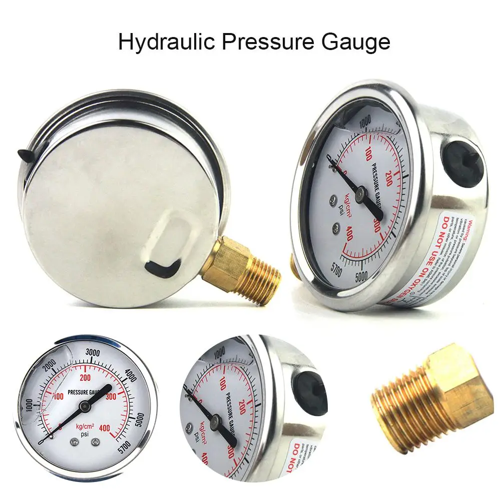 1/4 NPT Male Automotive Oil Pressure Gauge Instrument US Standard Thread Hydraulic Mater Tool 0-5000 PSI Liquid Filled Tools