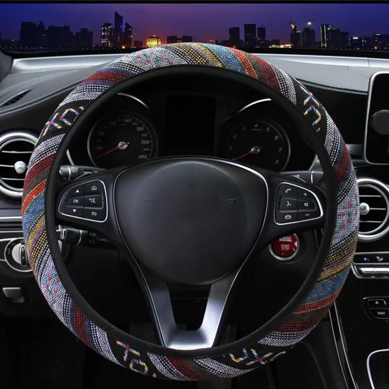

Universal Elastic Car Steering Wheel Cover Ethnic Style Car Steering-wheel Covers Auto Decoration Car Accessories Linen