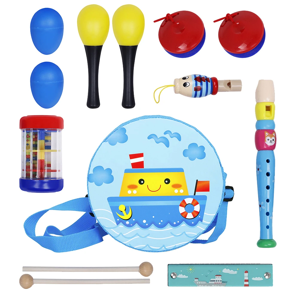 8pcs/set Kids Musical Instrument Toys Kit Double-sided Drum Clarinet Fish Whistle Rain Sounder Cartoon Harmonica for Girls Boys