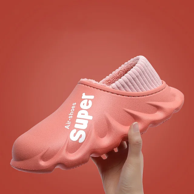 2021 New Winter Slippers Warm Men Shoes Waterproof Women Couples Non-Slip Plush Cotton Indoor Outdoor Cozy Home Autumn Thick Hee Pink 36-41