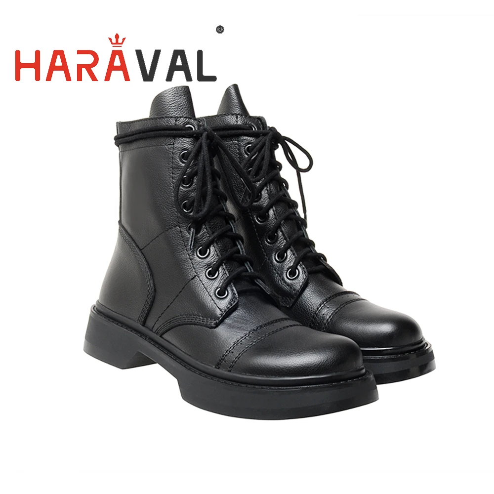 

HARAVAL Women Solid Martin Ankle Boots Cross Lace Up Flat Thick Bottom Winter Autumn Shoes For Lady Fashion Casual WokerE161L