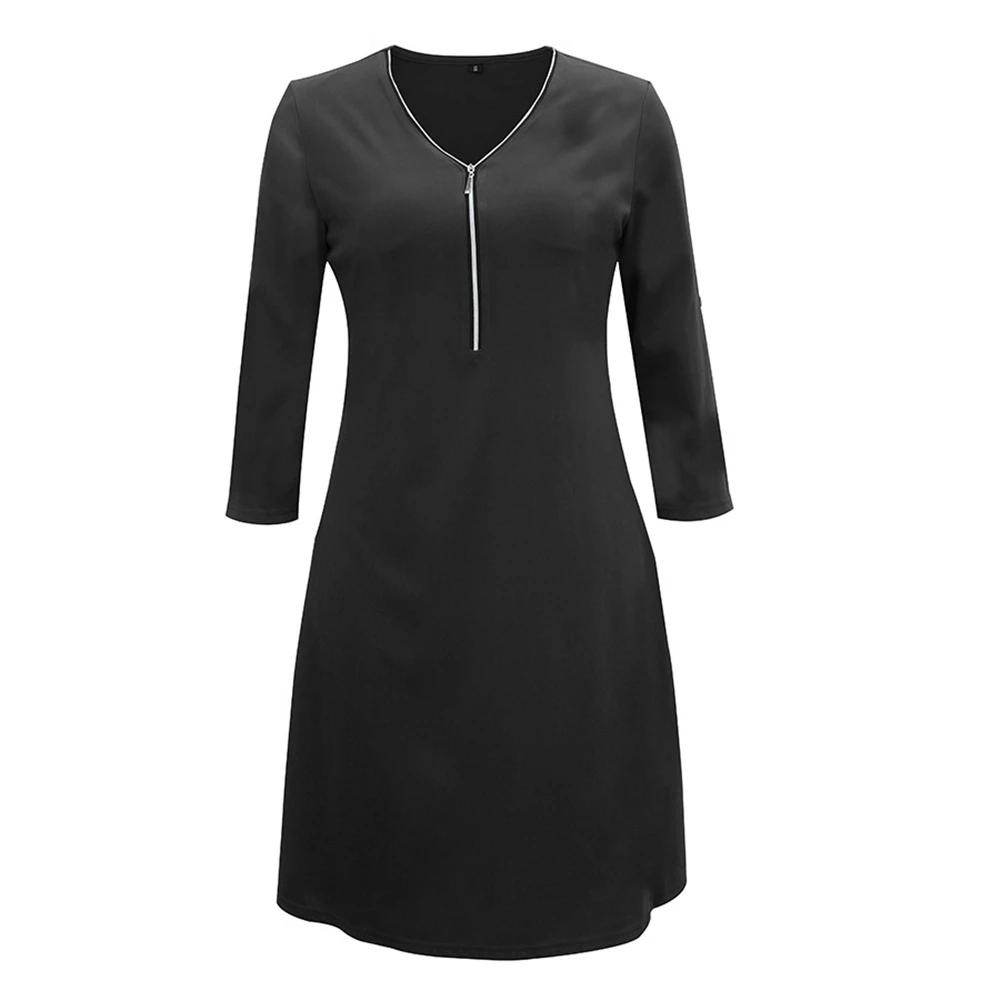 Black Pdfmily Fashion Women Casual Red Dresses Solid Zipper V-Neck Three Quarter Sleeve A-Line Short Loose Dress With 4 Colors - Цвет: Black