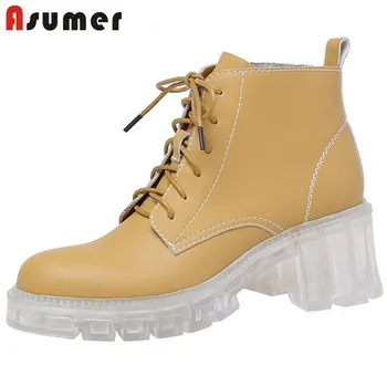 

Asumer 2020 top quality full genuine leather shoes women ankle boots round toe lace up fashion square heel casual shoes woman