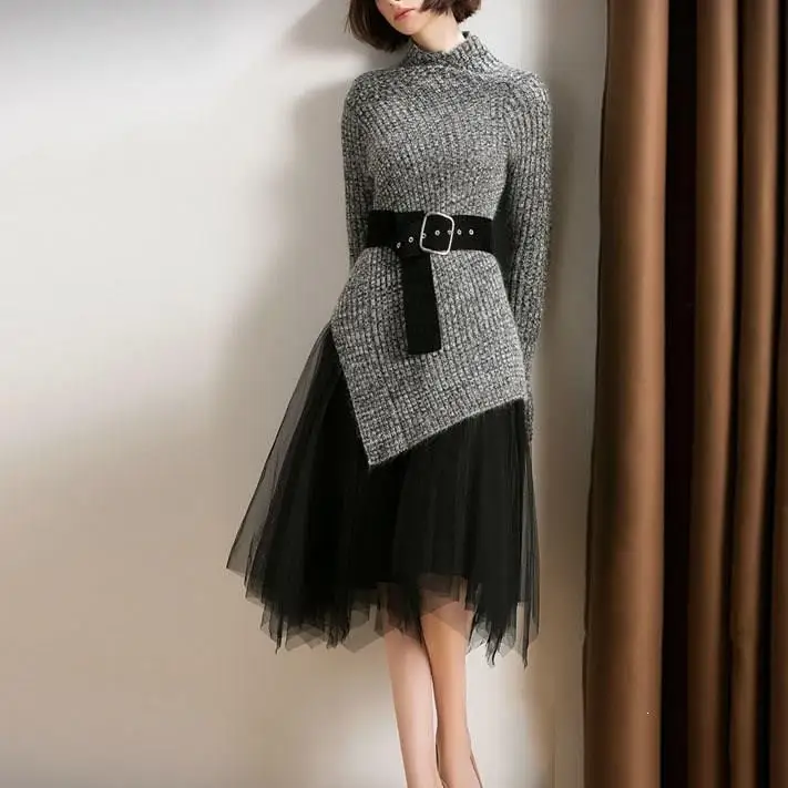 

Women Turleneck Pullovers Sweaters Long Irregular Skirts Suits Sexy Skirt Sets Elegant Knitted Woman Two Pieces Sets