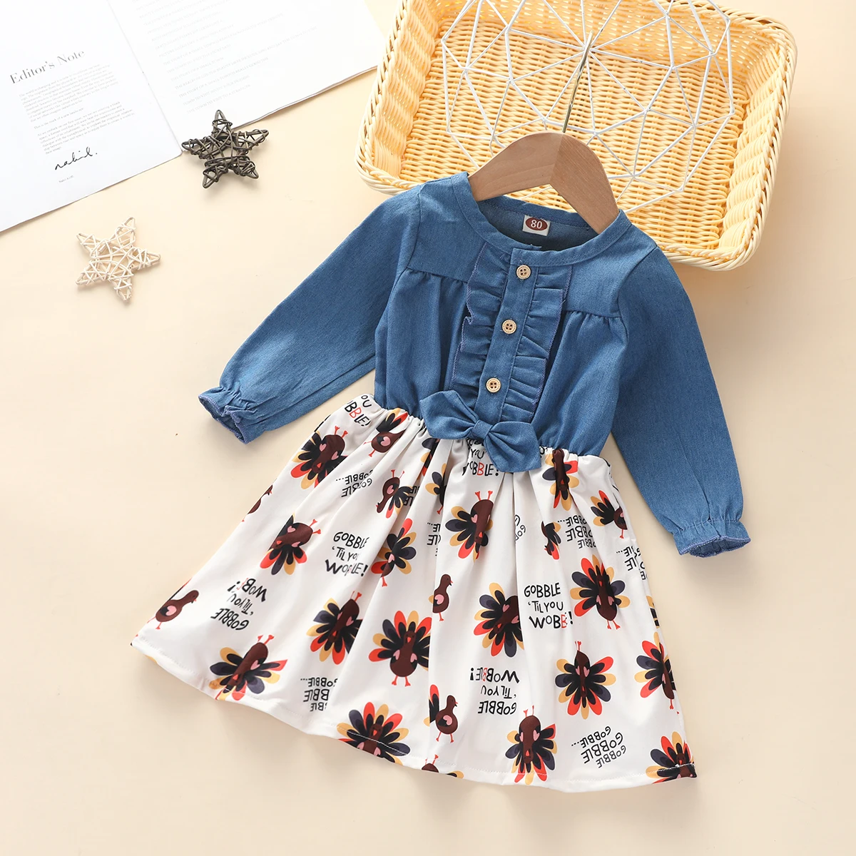 Infant Baby Girl’s Thanksgiving Day's Dress Denim Stitching Turkey Print Round Neck Single-breasted Long-sleeved | Детская одежда