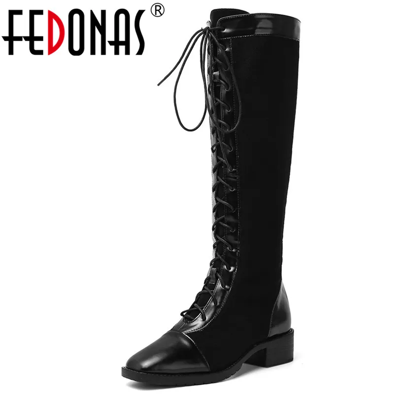Женские высокие сапоги FEDONAS черные для верховой езды с перекрестной шнуровкой на
