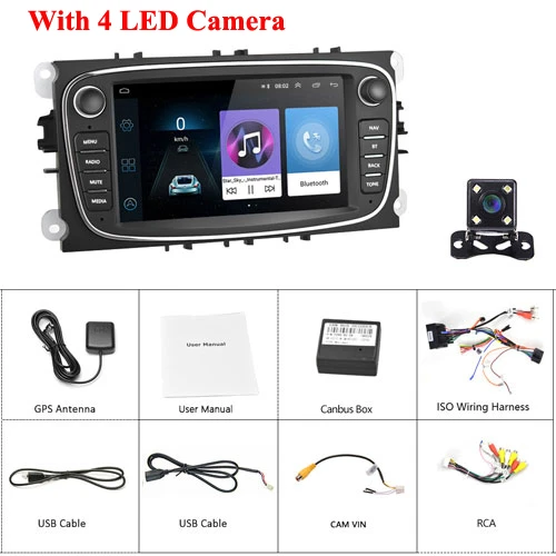 With 4 LED (Black) Podofo 2din Android 8.1 Car Multimedia player 7'' Autoradio Car Radio GPS Mirrorlink For Ford Focus Mondeo C-MAX S-MAX Galaxy II - Цвет: With 4 LED (Black)