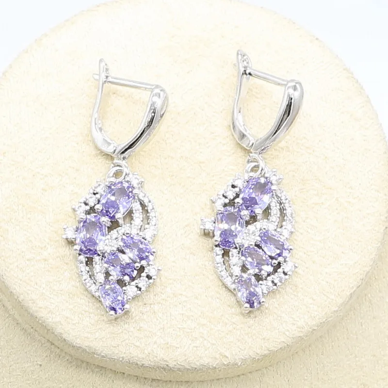 Earrings Фиолетовый полудрагоценный 925 Серебряный набор украшений для женщин браслет серьги кулон свадебный подарок на день рождения сохранение цвета - Окраска металла: Earrings