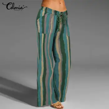 

Vintage Wide Leg Pants Celmia Women Casual Loose Elastic Waist Trouser Fashion Pockets Printed Palazzo Oversized Pantalon Femme