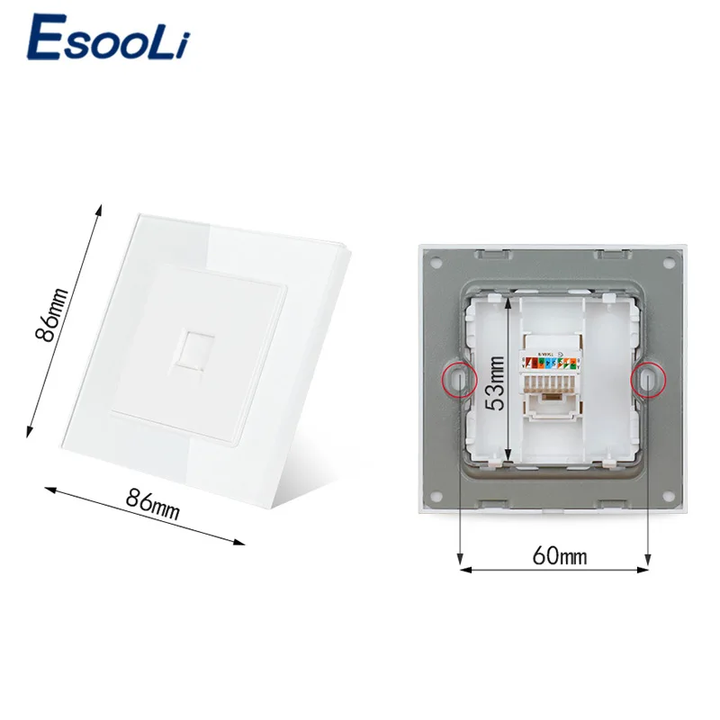 Esooli Серый роскошный кристалл стеклянная панель 1 банда RJ11 2 ядра телефонный разъем розетка для стены 86*86 мм