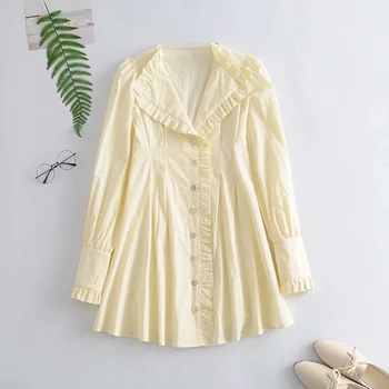 

New 2020 women sweet agaric lace decoration solid dress ladies turn down collar casual vestidos chic brand mini dresses DS3646