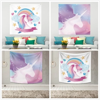 

Cassisy Colorful Unicorn Tapestry Luck Cloud Heart Star Wall Hanging Polyester Tapestry Child's Room Bedroom Decor 150*150cm