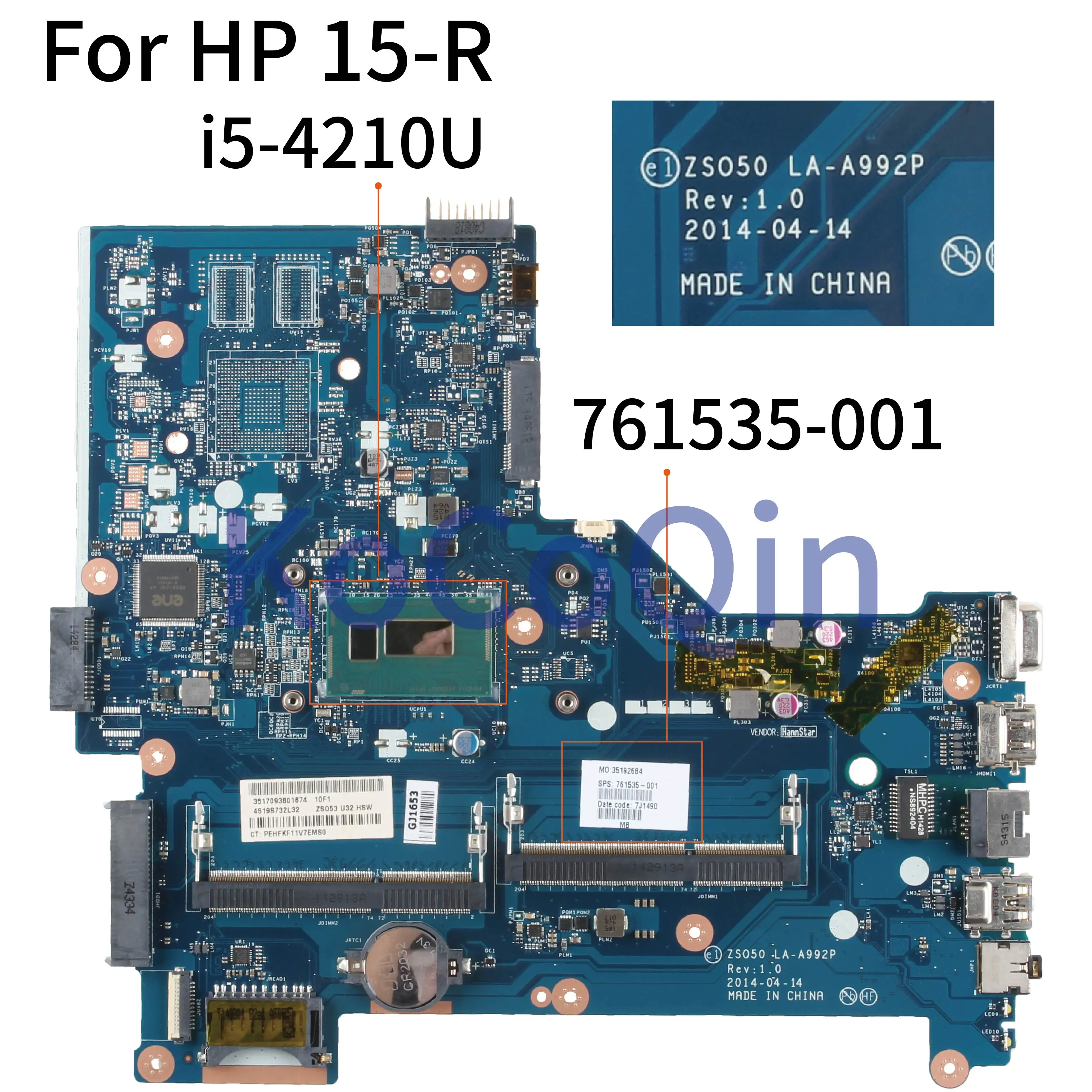 Ideal  KoCoQin Laptop motherboard For HP Pavillion 15-R 250 G3 Core I5-4210U SR1EF Mainboard ZS050 LA-A992