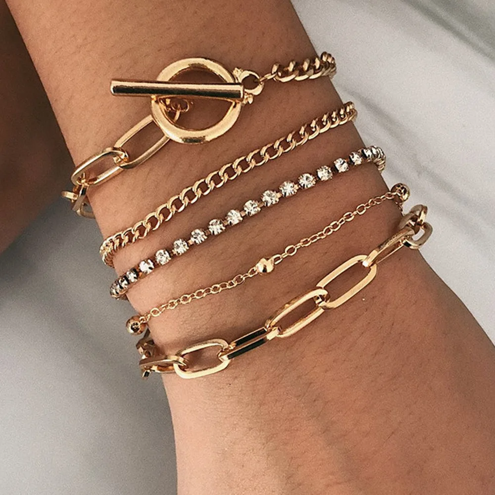 New Punk Rhinestone Geometric Chain Bracelets Set for Women Bohemia Multilayer Beads Charm Bangles Fashion Party Jewelry Gift