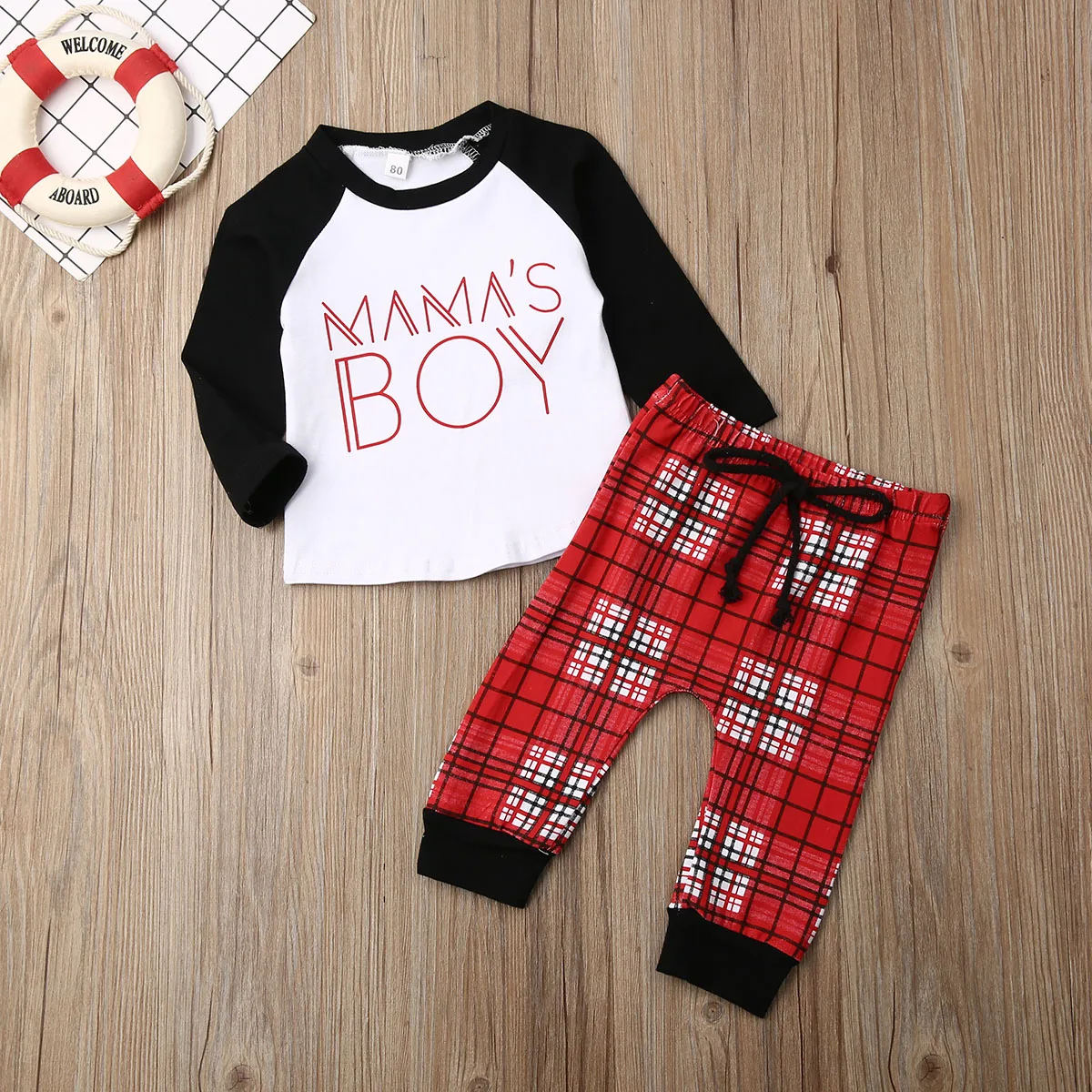 Повседневные осенние комплекты одежды для новорожденных мальчиков пуловер в стиле пэчворк с надписями топы, клетчатые штаны со шнуровкой хлопковый комплект из 2 предметов для мальчиков 0-3Y