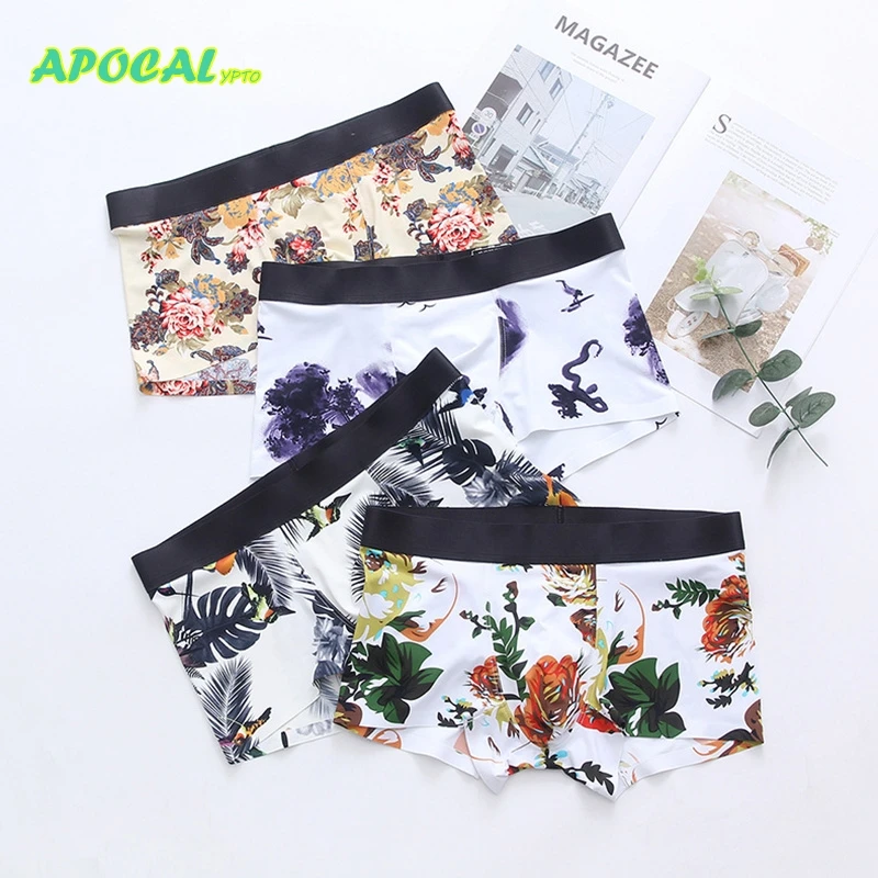 

APOCAL Brand New Mens Underwear Boxer Ice silk Floral Homme Boxershorts Men Boxers Sexy Male Underpants Print Flower Letter 4XL