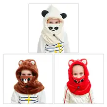 Детский Теплый шарф с капюшоном, детский плотный флисовый зимний шарф, шапка с ушками, лыжная шапка с изображением панды для девочек и мальчиков