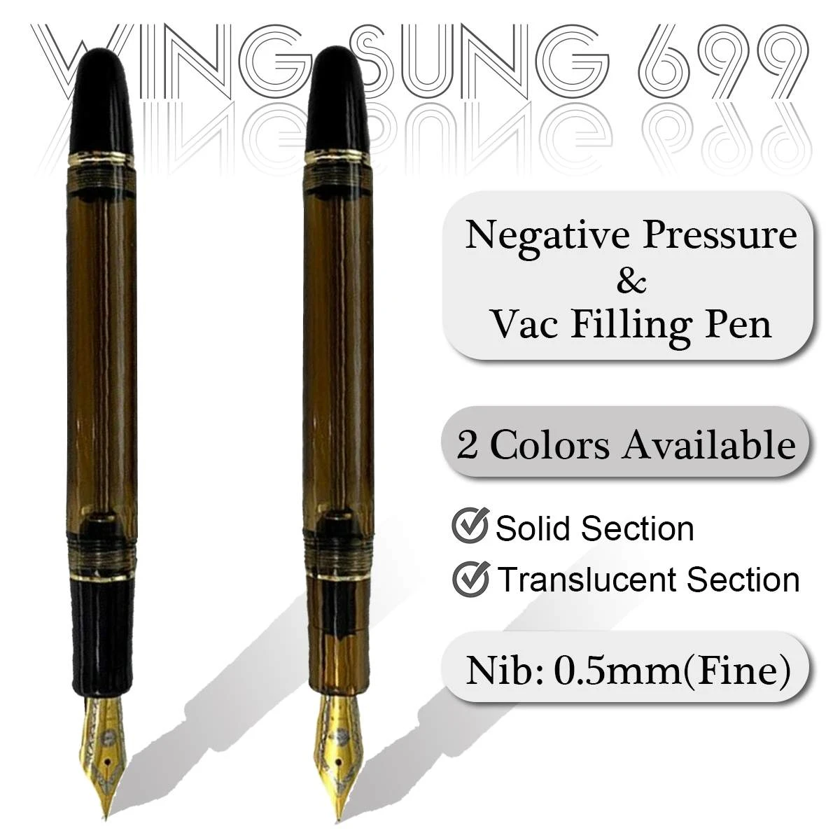 Medium Nib Wing Sung 699 Translucent Black Vaccum Filling Fountain Pen