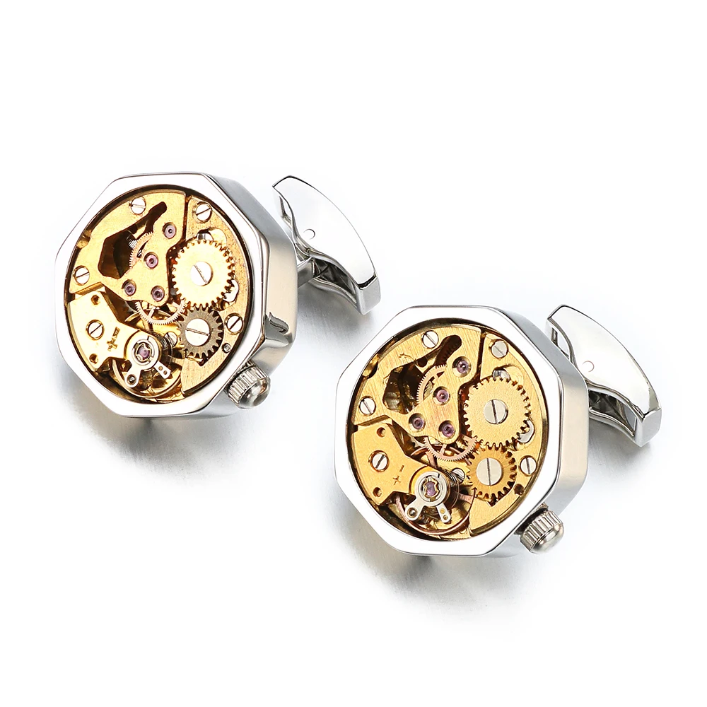 Горячие часы движение запонки для неподвижных нержавеющая сталь, стимпанк механизм часы запонки для мужчин Relojes gemelos - Окраска металла: Покрытие из розового золота