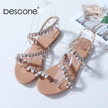 

BESCONE Summer Fashion Women Flats String Bead Decoration Rome Style Toepost Design Slip-On Gladiator Shoes Concise Flats BM402