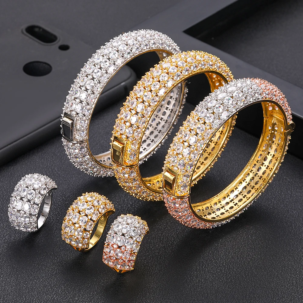 jankelly Luxury Saudi Arabia Bangle Ring Set For Women Full Micro Cubic Zircon Pave Party Wedding Saudi Arabic Dubai Jewelry Se