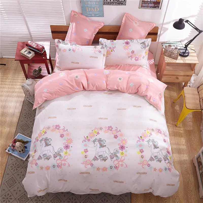Комплект постельного белья с принтом розового единорога из 4 предметов для девочки, мальчика, ребёнка, набор пододеяльников, простынь для взрослых и детей, набор постельных принадлежностей 61010