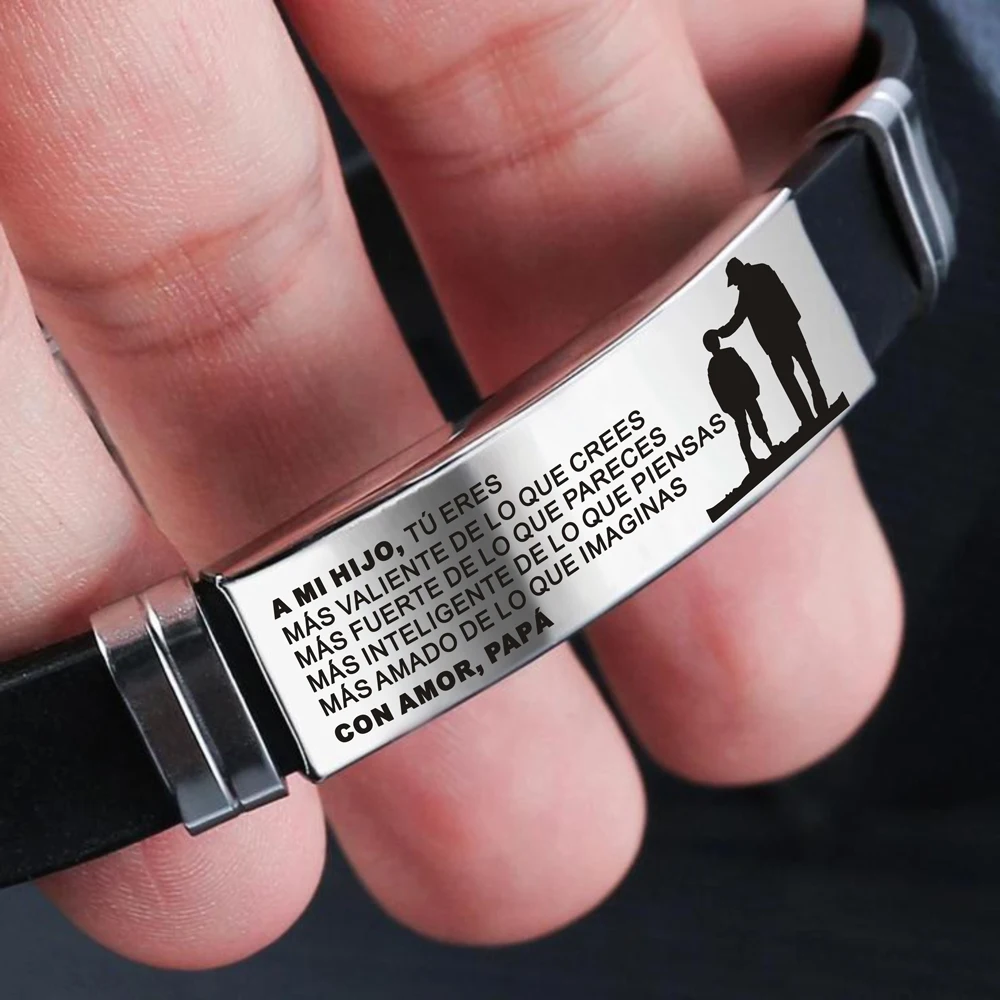 Español Spanish To My Son Hijo From Daddy Papá Hand-Woven Retro Bracelet Laser Leather Stainless Steel Bracelets Brazalete | Украшения и