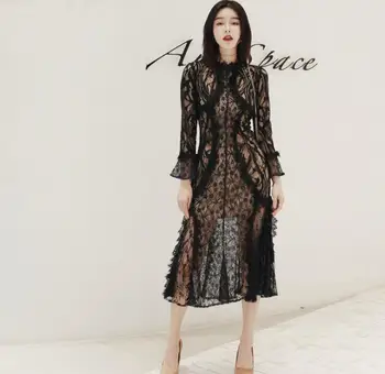 

French Romantic Elegant Party Lace Dress Autumn 2019 Flare Sleeve Midi Ruffle Dress Vestidos De Festa Robe Femme