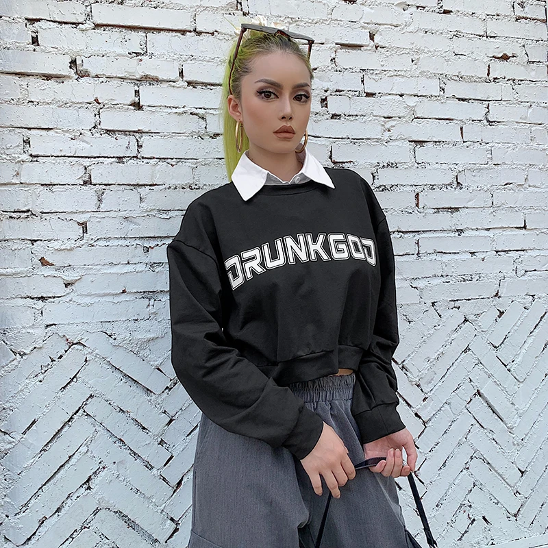 HEYounGIRL с буквенным принтом корейские худи для женщин Harajuku повседневная черная толстовка отложной воротник длинный рукав пуловеры осень