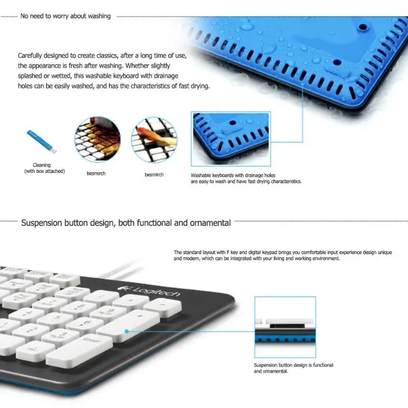 Logitech K310 моющиеся Водонепроницаемый Проводная клавиатура 104 клавиши игровая клавиатура и мышь с подсветкой для Windows XP, Windows 7 8 настольных ПК компьютер
