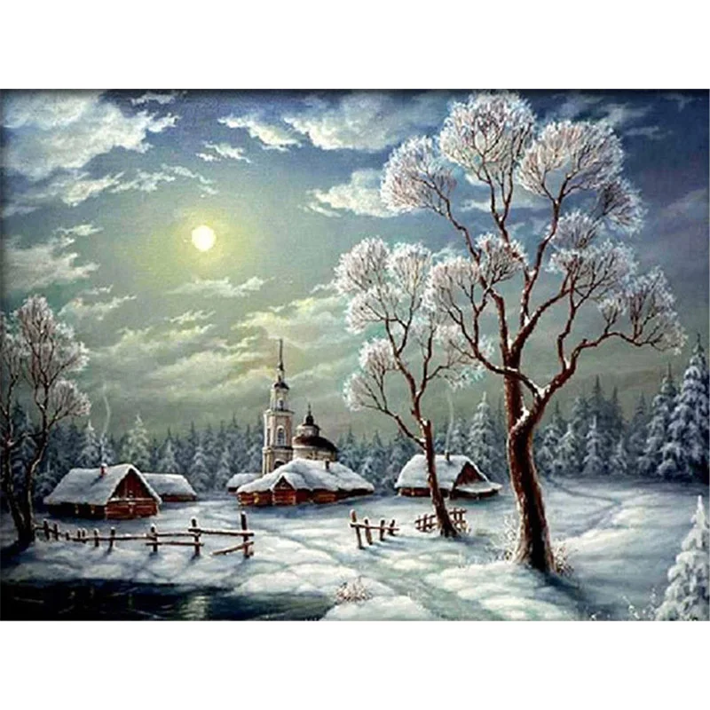 

Diamond painting 5d cross stitch diamond embroidery mosaic beautiful snow scene houses and big trees rhinestone wall painting