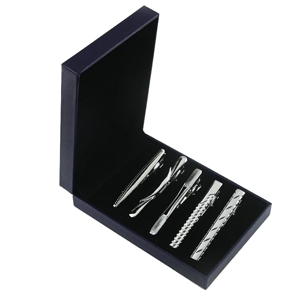 5 Pieces Gentlemen Metal Tie Clip Bar Necktie Pin Clasp Wedding Jewelry Gift Box