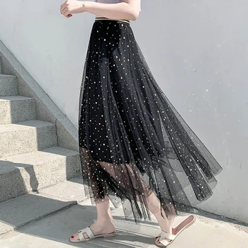 

2019 Spring Summer Women Medium Long Ball Gown Skirts Star Moon Sequins Mesh Skirt Girl Fashion Streetwear A-Line Clothing