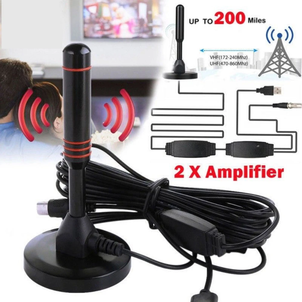Ultra Thin Flat HDTV Amplified HD TV Signal Antenna 16Feet Coax 200 Mile Black