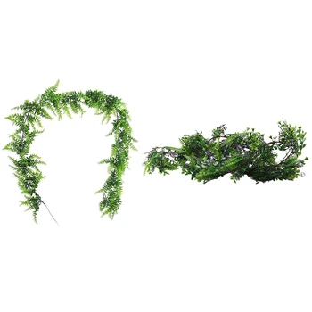 

2Pcs Faux Boston Ferns Plant Artificial Vines Hanging Leaves Greenery Garland 6.2 Feet- Green & Green-Purple