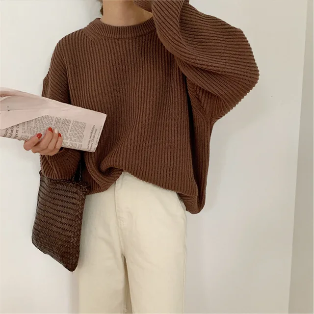 Women Solid Knitted Thickening Oversized Sweater Female Round Neck Long Sleeve Casual Loose Pullovers Top 2021 Autumn Winter Coffee
