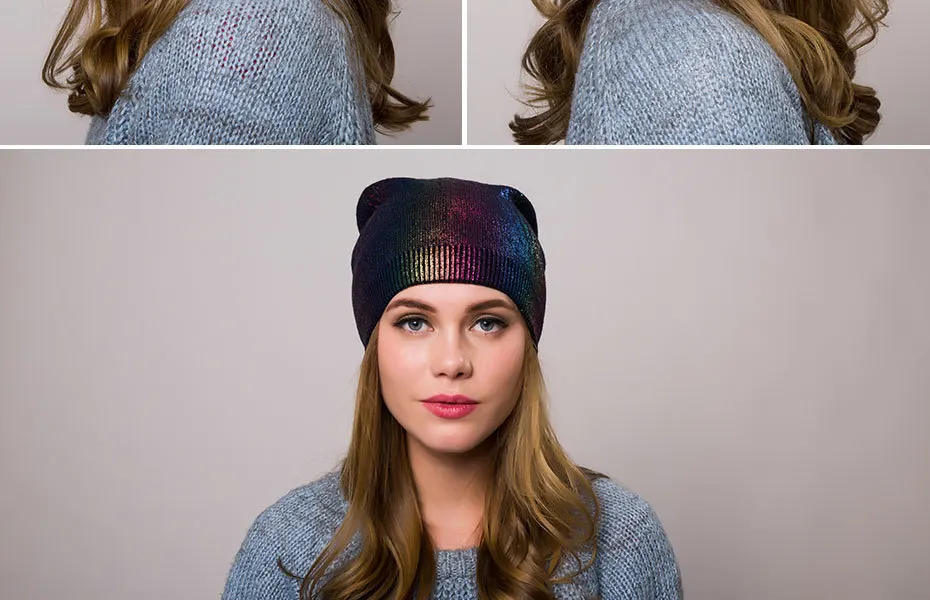 Новинка, Bronzing Beanie для женщин, повседневные кашемировые, цвета металлик, громоздкие шапочки для дам, женская шапка с принтом, зимняя, Прямая поставка