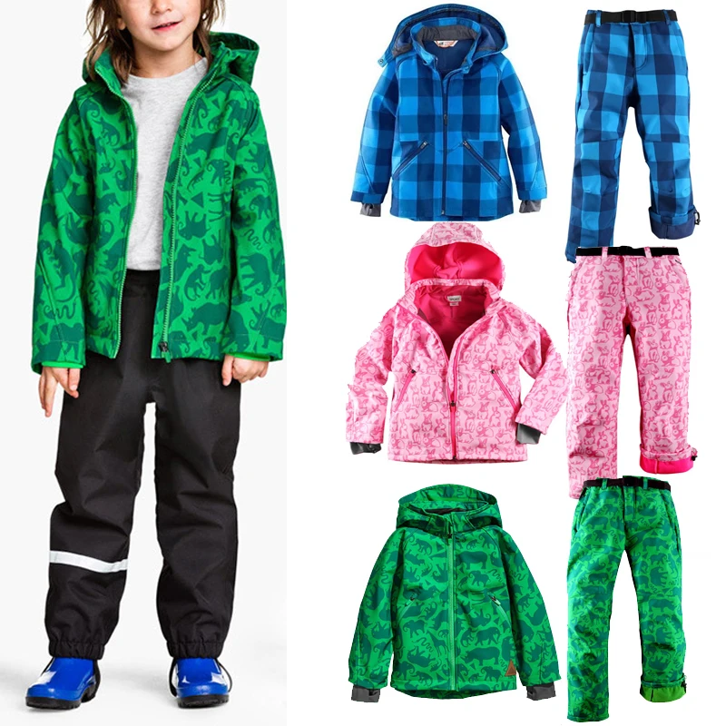 

Winter 7-13T Boys Girls Hooded Warm Skiing Clothing Thermal Windproof Sport Wear Children Jackets Pants for Snowboard Clothes