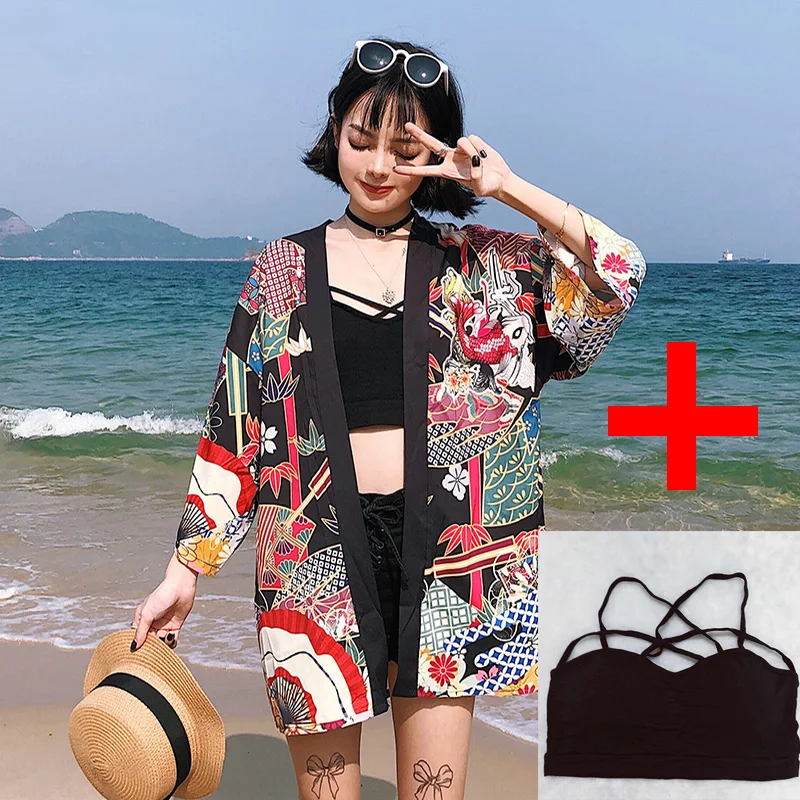 coat tube tops 19.15 Yukata женский кимоно кардиган Япония Кимоно Одежда Азия летняя рубашка с принтом рыбы Топ повседневные кимоно Kawaii кимоно костюм для косплея - Цвет: coat tube tops 19.15