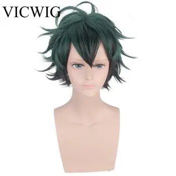 

VICWIG My Hero Academia Midoriya Izuku Cosplay Wig Green Gradient Black Curly Short Hair Synthetic Anime Wig