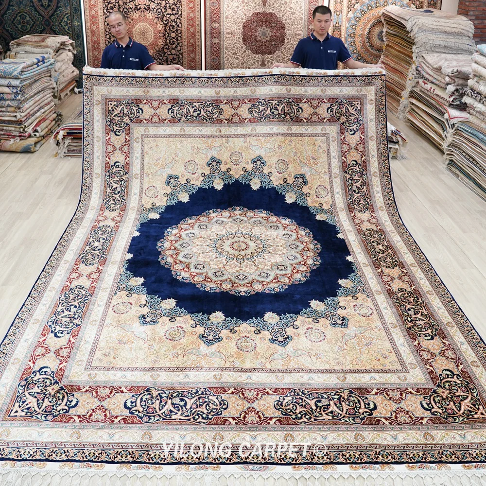 Yilong 9 'x 12 1' Qum Шелковый коврик большой синий персидский шелковый ковер ручной