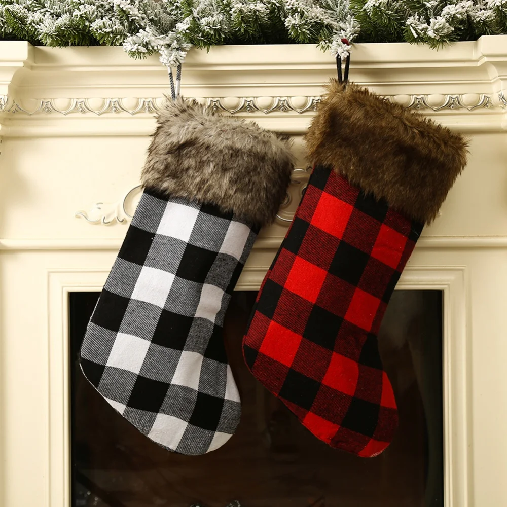 Details about   Christmas,Stocking,Red and Black,Plaid,Fireplace Hanging,Socks,Storage,Candy Bag 