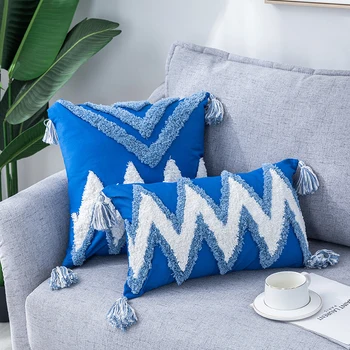 

Tassels Blue Cushion Cover 45*45/30*50 Throw Pillow Covers Decorative Handmade Square Home Decor Sofa Living Room Pillow Case