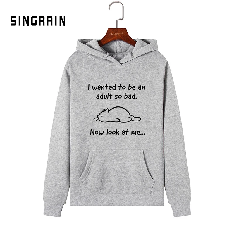 SINGRAIN Модные женские теплые толстовки с котом милые буквенным принтом и длинными