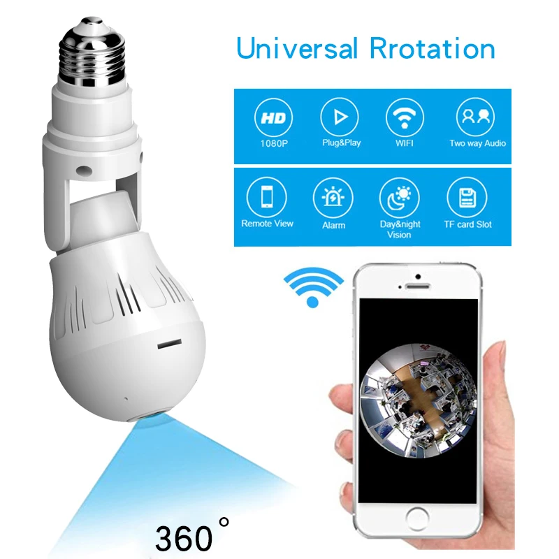 LED Bulb Camera 1080P 360degree VR Panoramic View Universal Rotation